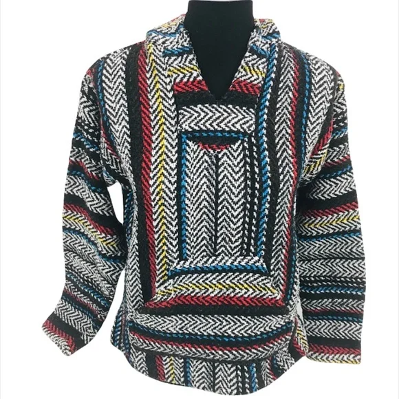 Baja Joe Striped Baja Hoodie Black White Blue Size Small - Picture 2 of 7